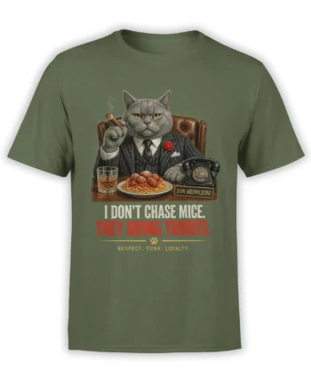 Gray suited cat holding a cigar beside spaghetti and a rotary telephone on a green graphic T-shirt