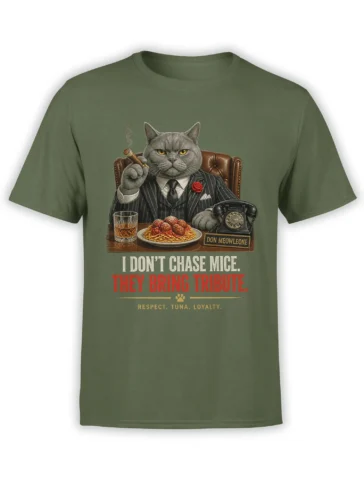 Gray suited cat holding a cigar beside spaghetti and a rotary telephone on a green graphic T-shirt
