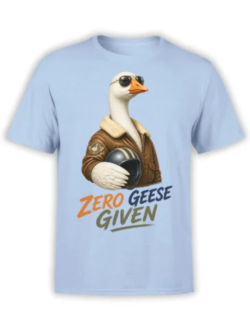 Light blue goose graphic tee with a sunglass-wearing goose in an aviator jacket and Zero Geese Given lettering