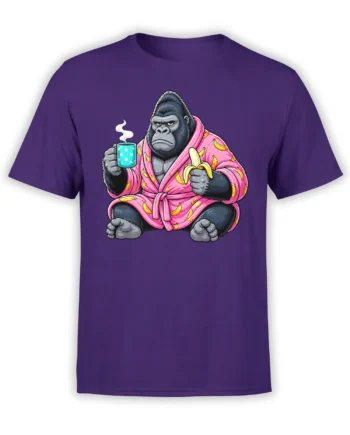 Serious gorilla in a pink banana robe holds coffee and a peeled banana on a purple graphic tee