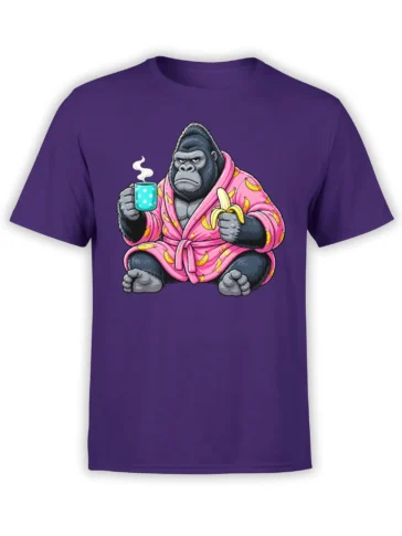 Serious gorilla in a pink banana robe holds coffee and a peeled banana on a purple graphic tee