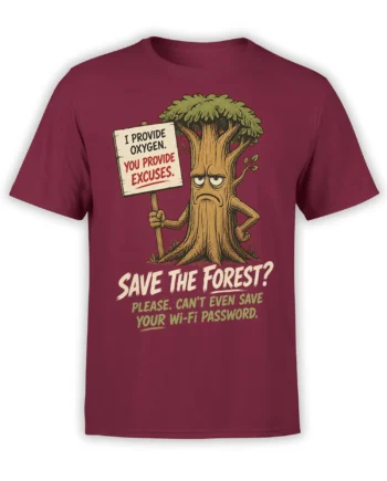 Grumpy illustrated tree graphic tee in maroon with oxygen, forest, and Wi-Fi password jokes