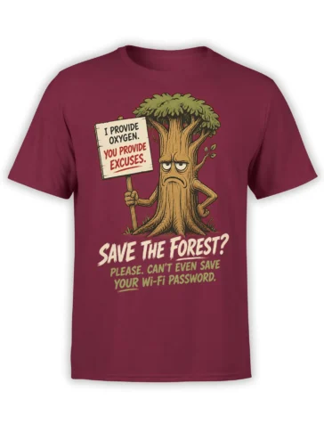 Grumpy illustrated tree graphic tee in maroon with oxygen, forest, and Wi-Fi password jokes