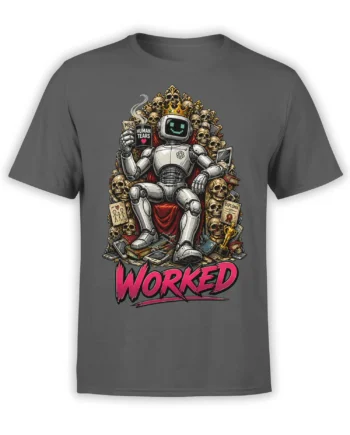 Crowned robot seated on a skull throne with diploma, devices, and pink WORKED lettering on a gray T-shirt