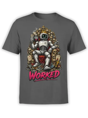 Crowned robot seated on a skull throne with diploma, devices, and pink WORKED lettering on a gray T-shirt