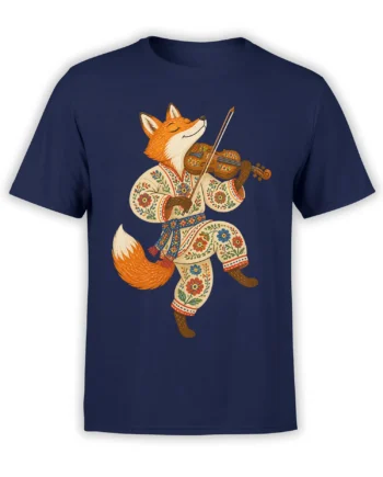 Orange fox playing violin in a floral folk-style outfit on a navy graphic T-shirt