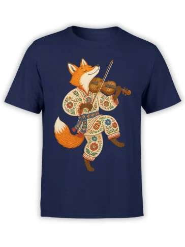 Orange fox playing violin in a floral folk-style outfit on a navy graphic T-shirt