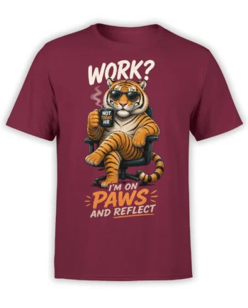 Relaxed striped tiger in sunglasses on a burgundy shirt with a coffee mug and work-humor slogan