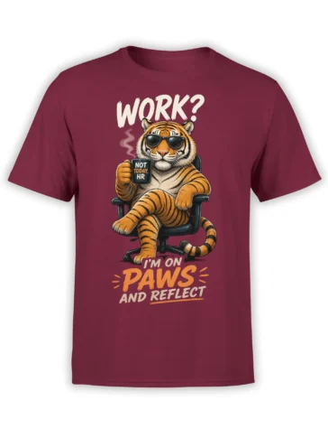 Relaxed striped tiger in sunglasses on a burgundy shirt with a coffee mug and work-humor slogan