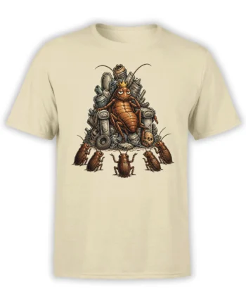 Crowned cockroach graphic on a beige shirt with smaller roaches, pipes, scraps, and a skull