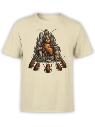 Crowned cockroach graphic on a beige shirt with smaller roaches, pipes, scraps, and a skull