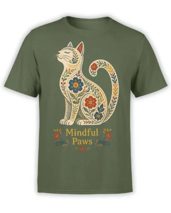 Floral folk-art cat with colorful flowers and Mindful Paws lettering on a green cat T-shirt