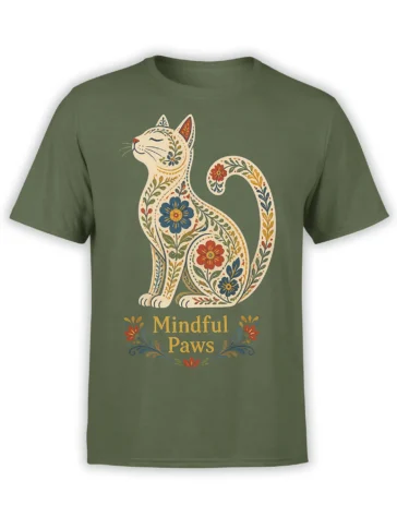 Floral folk-art cat with colorful flowers and Mindful Paws lettering on a green cat T-shirt