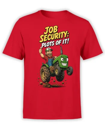 Red tractor T-shirt with a grinning green tractor, bearded driver, dirt spray, and bold job security lettering