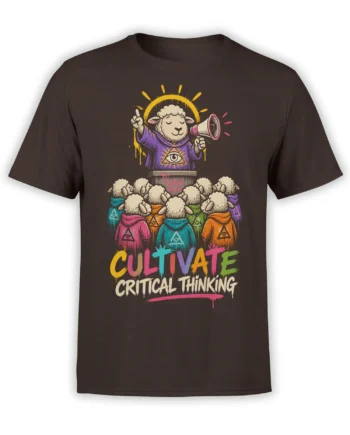 Brown sheep T-shirt with colorful cult illustration, robed sheep, megaphone, and critical thinking message