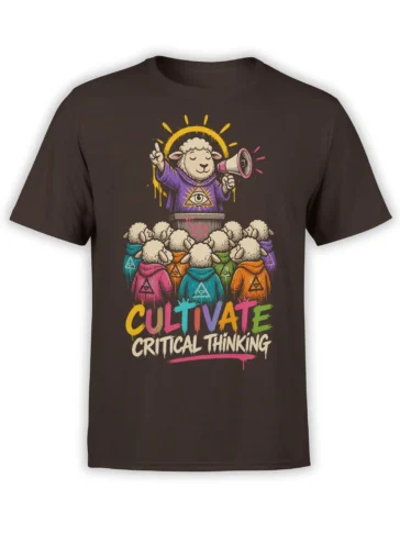 Brown sheep T-shirt with colorful cult illustration, robed sheep, megaphone, and critical thinking message