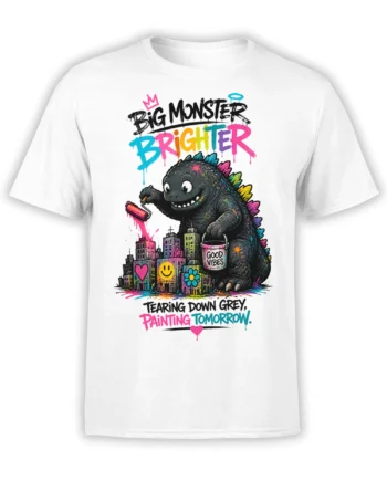 White T-shirt with a colorful giant monster painting a city skyline and spreading bright positive vibes