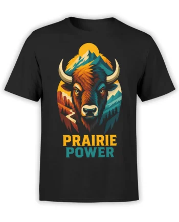 Black bison T-shirt with colorful mountain landscape, evergreen trees, and Prairie Power lettering