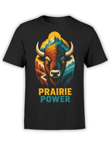 Black bison T-shirt with colorful mountain landscape, evergreen trees, and Prairie Power lettering