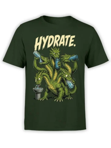 Dark green T-shirt with multi-headed green dragon creature drinking water beneath bold HYDRATE lettering