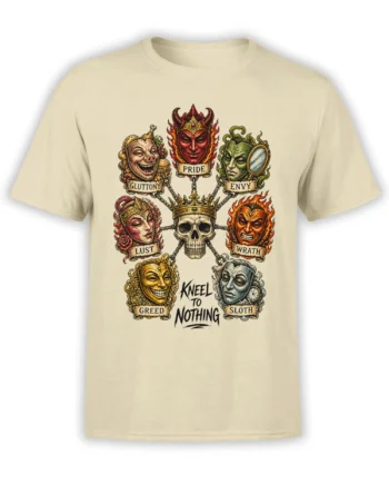 Cream T-shirt with seven deadly sins faces, a crowned skull, chains, and “Kneel to Nothing” artwork