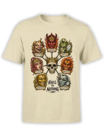 Cream T-shirt with seven deadly sins faces, a crowned skull, chains, and “Kneel to Nothing” artwork