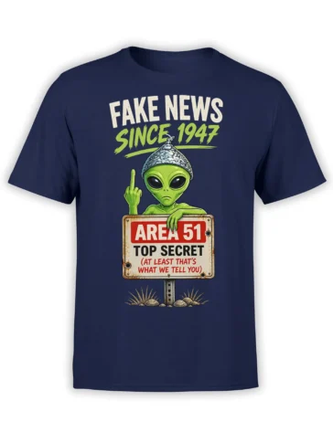 Green extraterrestrial behind a secret desert sign on a navy alien T-shirt with sarcastic lettering