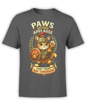 Gray cat T-shirt with an orange Roman warrior cat, shield, laurel branches, and bold nap-themed lettering