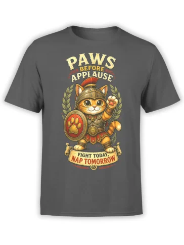 Gray cat T-shirt with an orange Roman warrior cat, shield, laurel branches, and bold nap-themed lettering