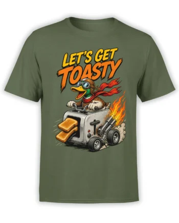 Green T-shirt with aviator duck driving a flaming toaster vehicle and “Let’s Get Toasty” text