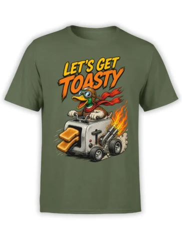 Green T-shirt with aviator duck driving a flaming toaster vehicle and “Let’s Get Toasty” text