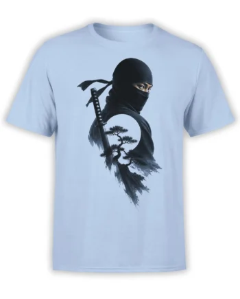 Masked ninja with sword and bonsai tree artwork printed on a light blue T-shirt