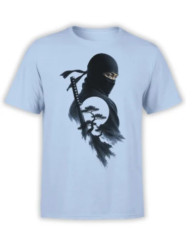 Masked ninja with sword and bonsai tree artwork printed on a light blue T-shirt