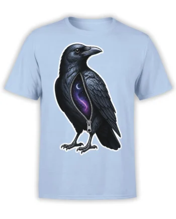 Black raven graphic tee with a zipper opening, crescent moon, and purple galaxy on a light blue shirt