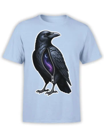 Black raven graphic tee with a zipper opening, crescent moon, and purple galaxy on a light blue shirt