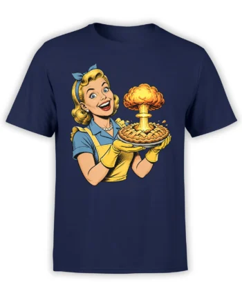 Front view of navy T-shirt with retro woman baker presenting an atomic pie graphic