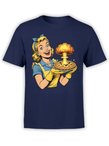 Front view of navy T-shirt with retro woman baker presenting an atomic pie graphic