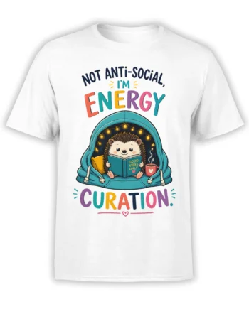 White hedgehog reading T-shirt with colorful energy curation text, a coffee mug, blanket fort, and warm string lights