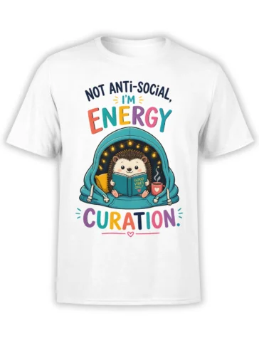 White hedgehog reading T-shirt with colorful energy curation text, a coffee mug, blanket fort, and warm string lights