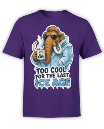 Purple T-shirt with a brown mammoth in sunglasses, icy blue artwork, mug, and bold frozen lettering