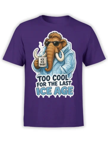 Purple T-shirt with a brown mammoth in sunglasses, icy blue artwork, mug, and bold frozen lettering