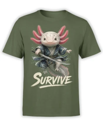Green axolotl warrior T-shirt with sword, blue robe, pink gills, and bold SURVIVE lettering
