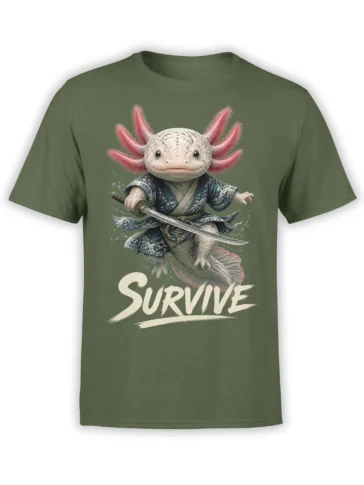 Green axolotl warrior T-shirt with sword, blue robe, pink gills, and bold SURVIVE lettering