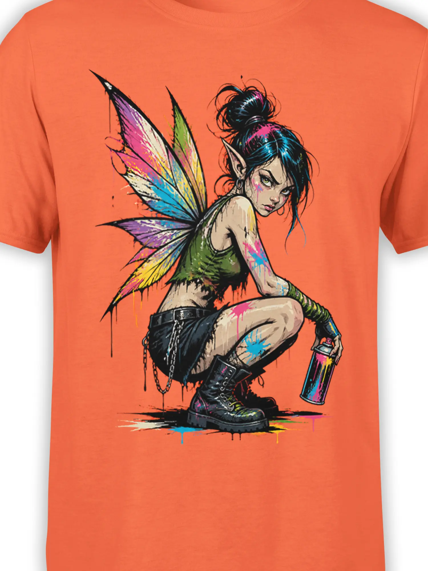 Close-up of the colorful fairy graphic, pointed ears, bright wings, and spray paint can on an orange T-shirt