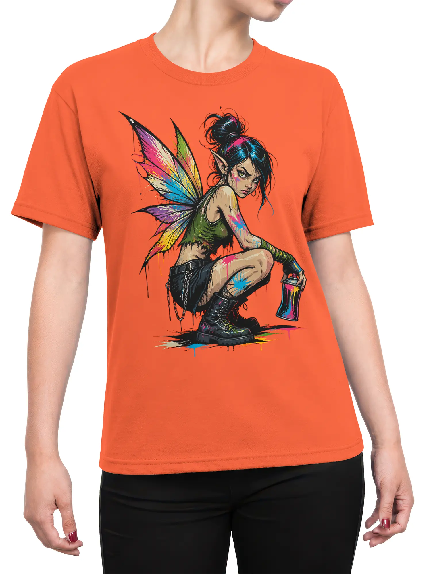 Female torso wearing an orange T-shirt with a colorful winged fairy, spray paint can, and bright paint splashes