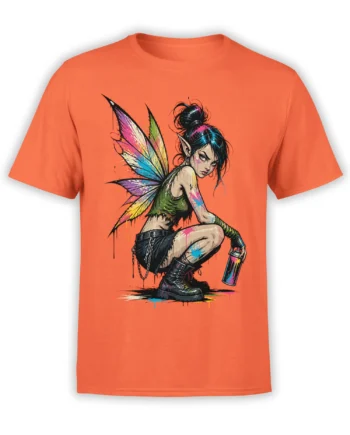 Orange T-shirt featuring a colorful winged fairy woman holding a spray paint can with vivid paint splashes