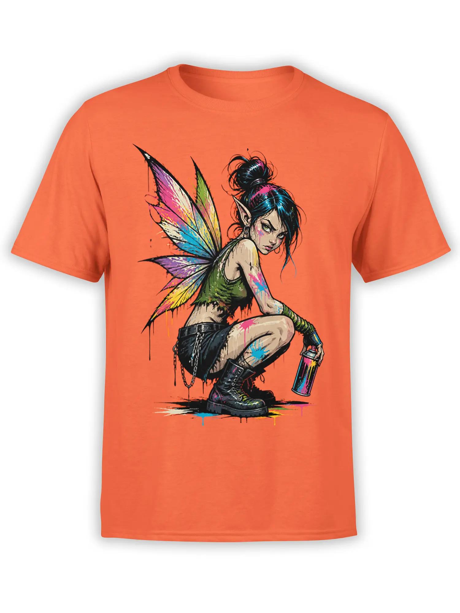 Orange T-shirt featuring a colorful winged fairy woman holding a spray paint can with vivid paint splashes