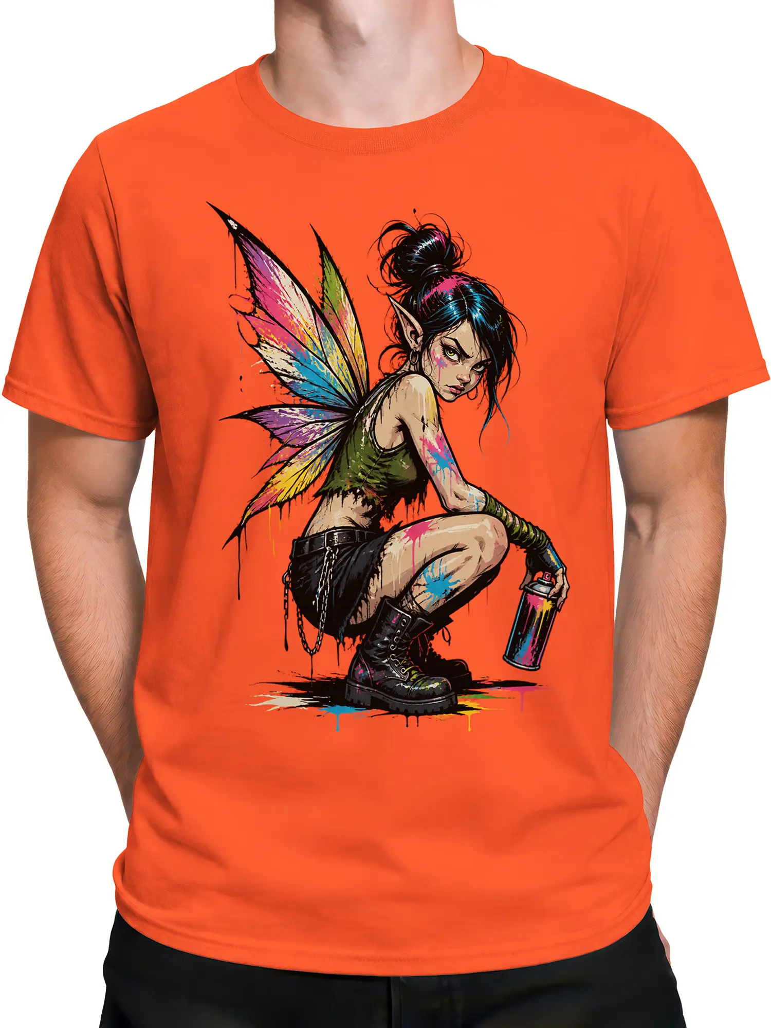 Male torso wearing an orange T-shirt with a colorful winged fairy and spray paint artwork