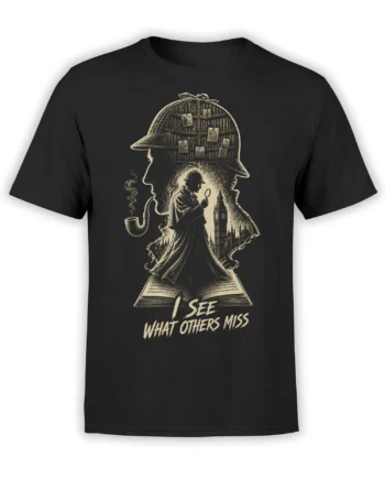 Black detective T-shirt with magnifying glass, pipe, books, open book, and London skyline artwork