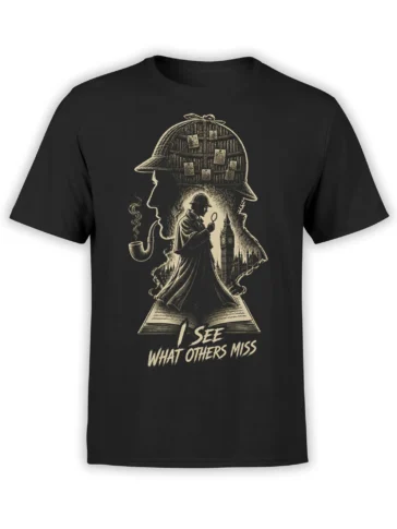 Black detective T-shirt with magnifying glass, pipe, books, open book, and London skyline artwork